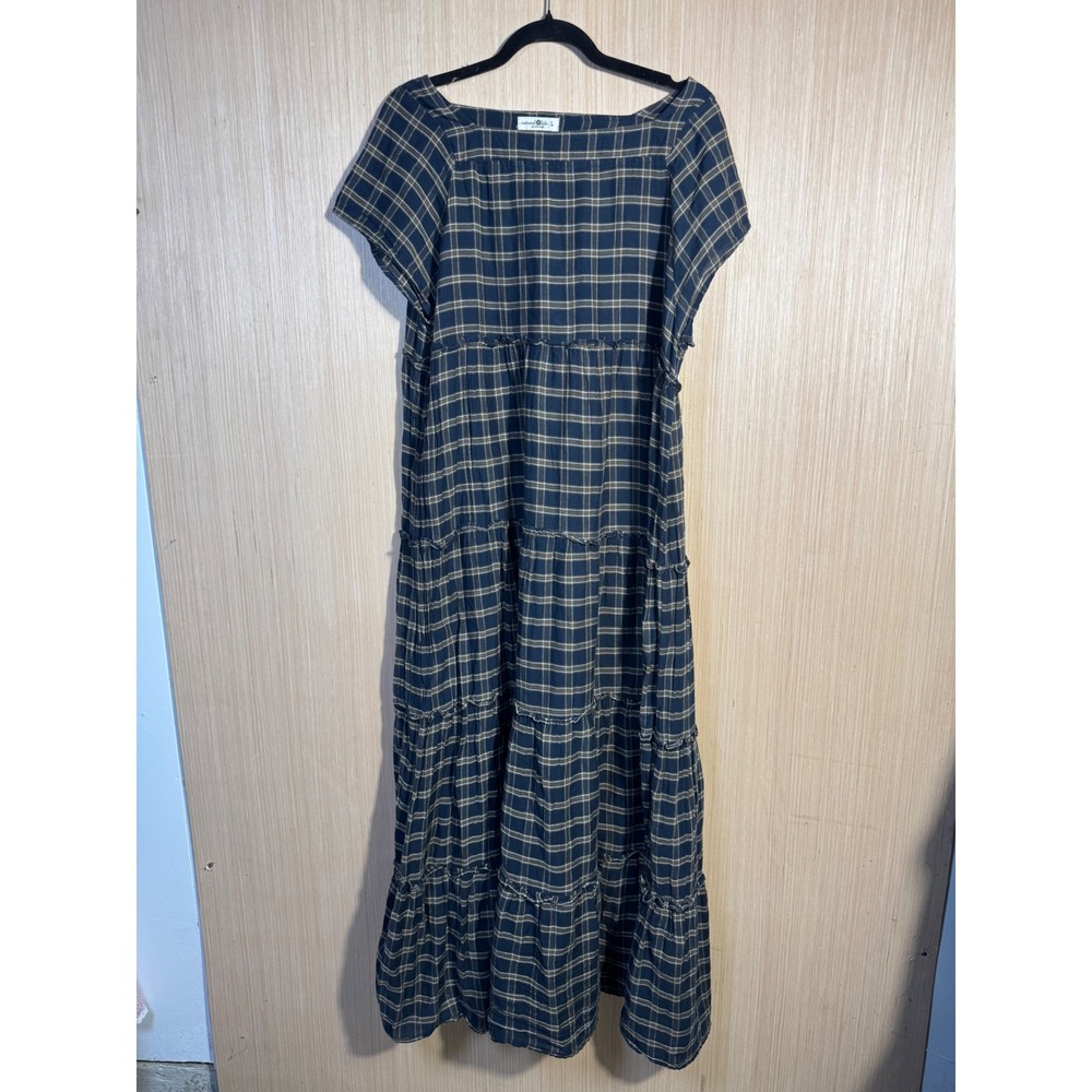 Natural Life Plaid Tiered Maxi Dress Navy Blue Brown Cotton Square Neck Large